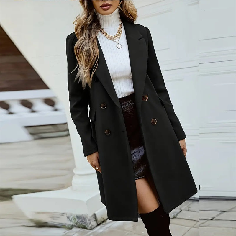 Elegant Double-Breasted Wool-Like Coat – Mid-Length Notch Lapel Overcoat with Pockets