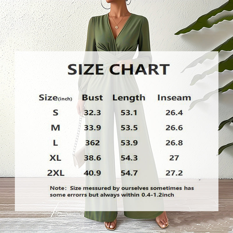 Elegant Cross V-Neck Jumpsuit | Mystic Mood Women’s Wide-Leg Pantsuit Women's Elegant Jumpsuit With Cross V-Neck & Long Sleeve Solid Color Belted For Office And Formal