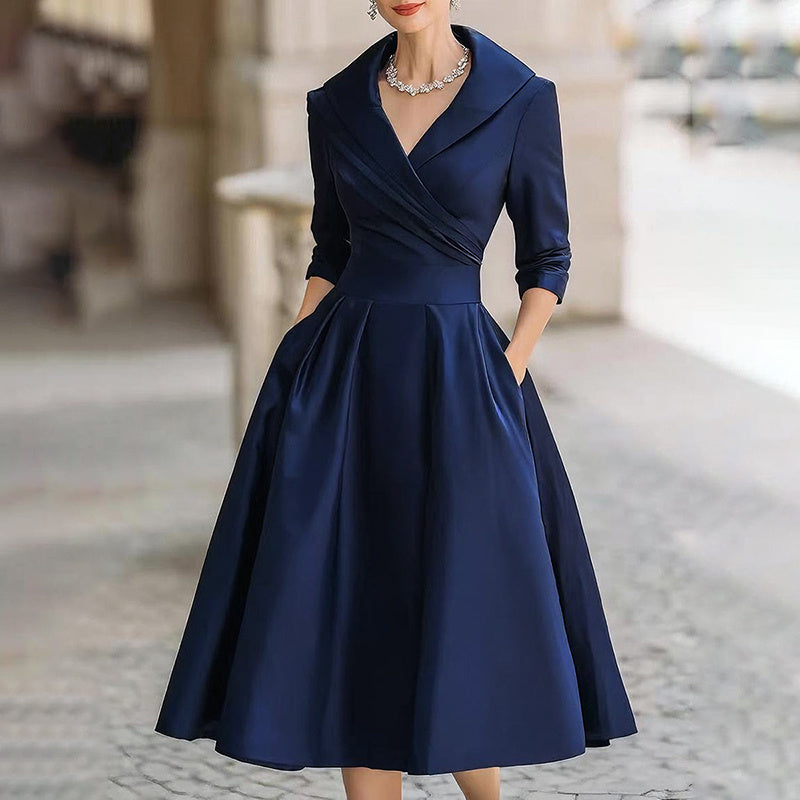 Elegant Cross V-Neck Midi Dress | Mystic Mood Flared Skirt with Pockets Women's  Spring Summer Formal Dress