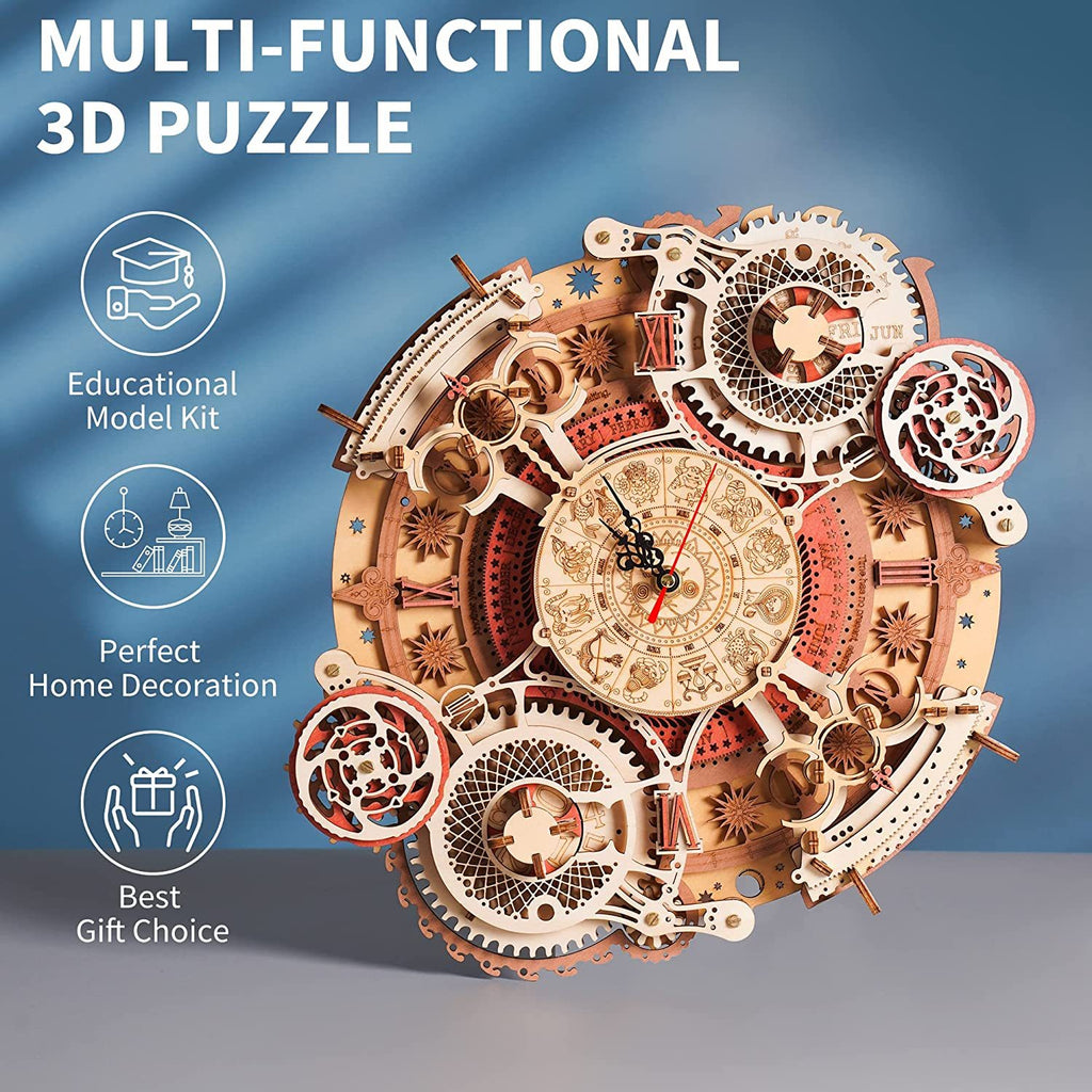 Zodiac Wall Clock 3D Wooden Puzzle Kit – DIY Mechanical Clock Model for Home Décor