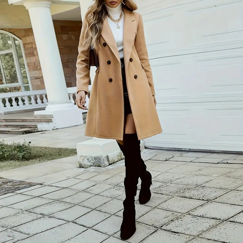 Elegant Double-Breasted Wool-Like Coat – Mid-Length Notch Lapel Overcoat with Pockets