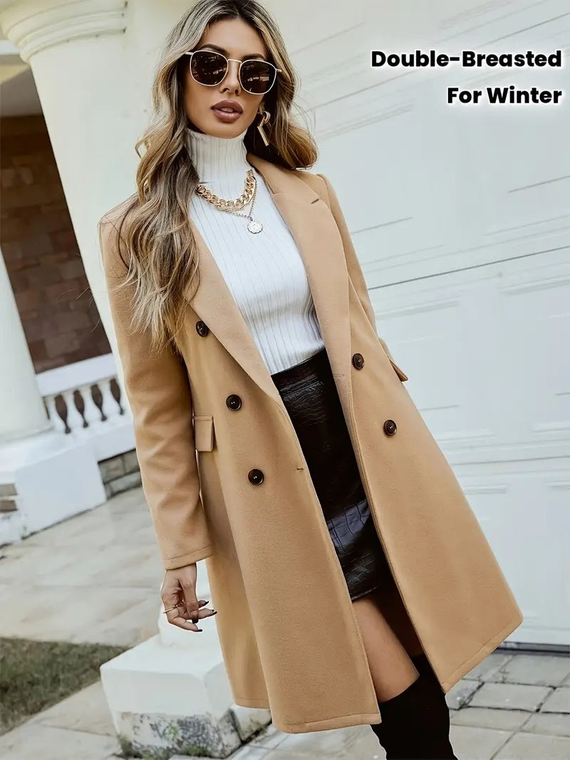 Elegant Double-Breasted Wool-Like Coat – Mid-Length Notch Lapel Overcoat with Pockets