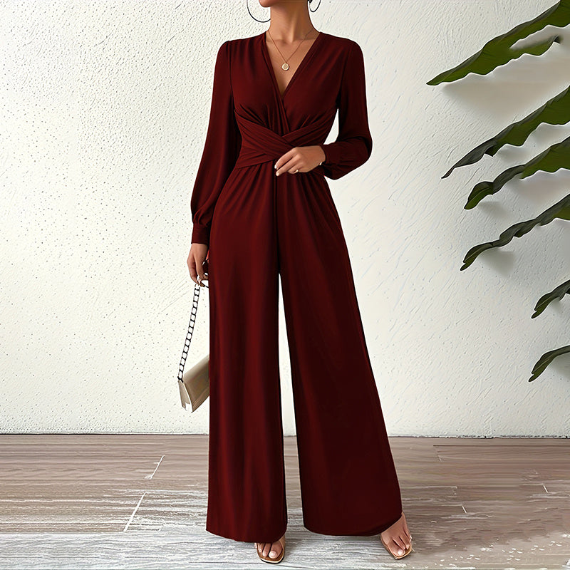 Elegant Cross V-Neck Jumpsuit | Mystic Mood Women’s Wide-Leg Pantsuit Women's Elegant Jumpsuit With Cross V-Neck & Long Sleeve Solid Color Belted For Office And Formal