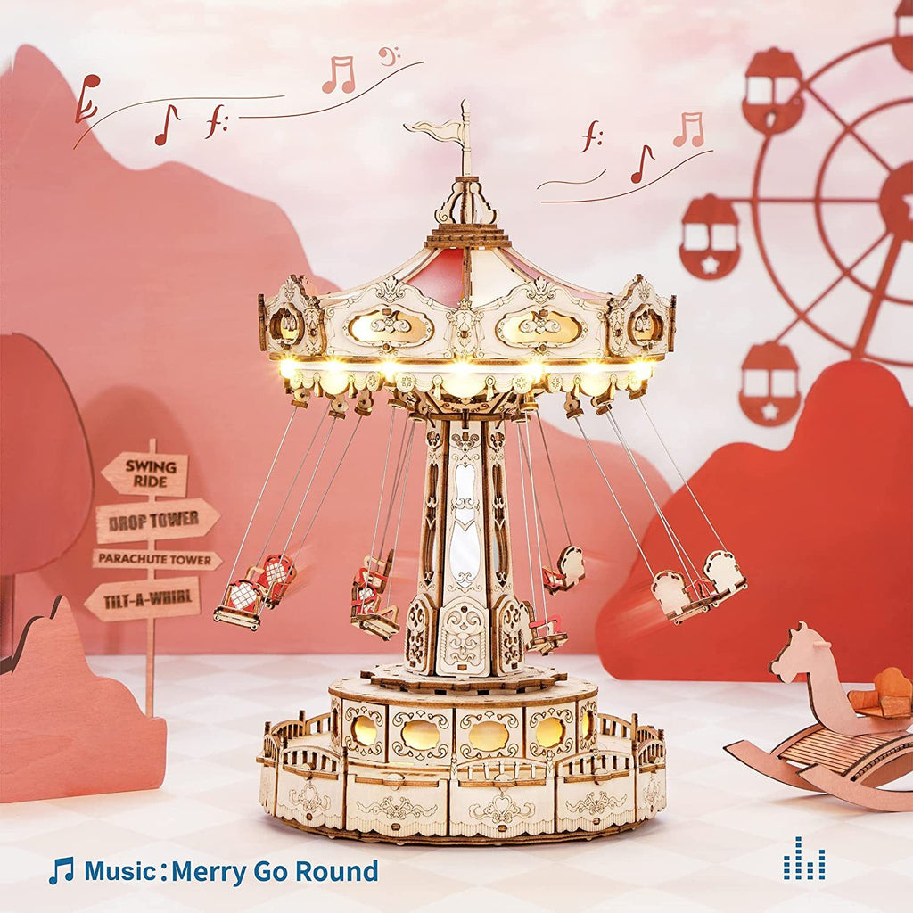 Robotime Rokr Magic Amusement Park Swing Ride 3D Wooden Puzzle | DIY Mechanical Music Box Kit