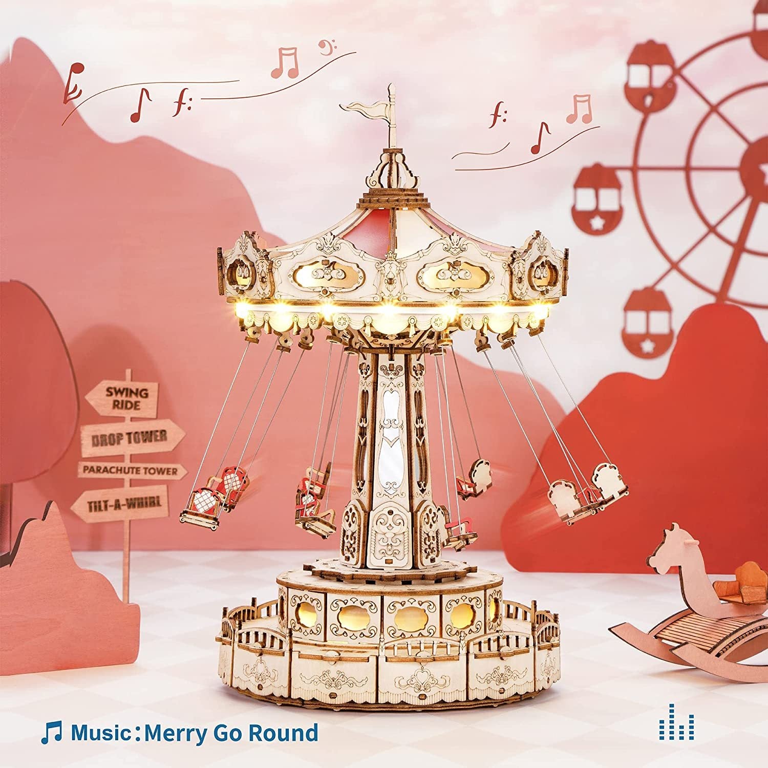 Robotime Rokr Magic Amusement Park Swing Ride 3D Wooden Puzzle | DIY Mechanical Music Box Kit