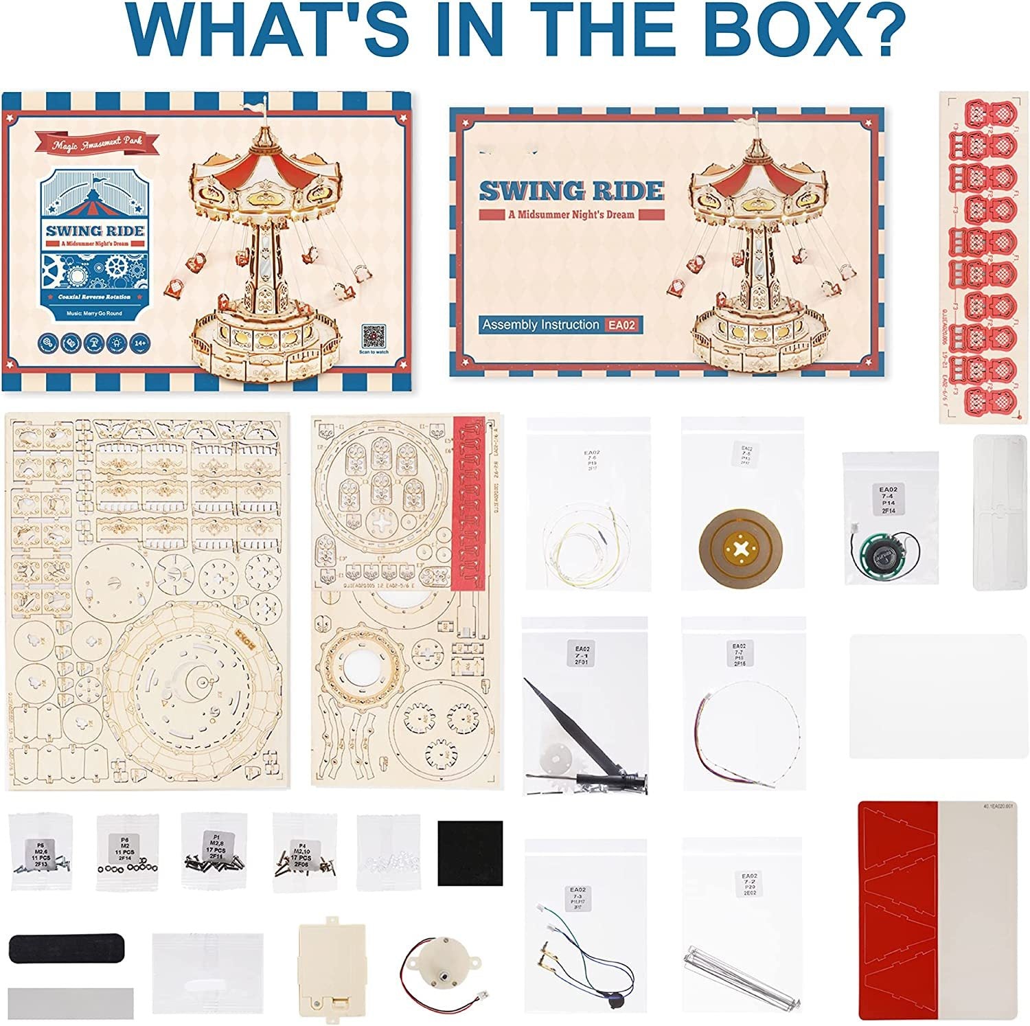 Robotime Rokr Magic Amusement Park Swing Ride 3D Wooden Puzzle | DIY Mechanical Music Box Kit