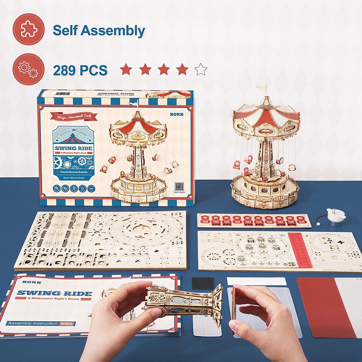 Robotime Rokr Magic Amusement Park Swing Ride 3D Wooden Puzzle | DIY Mechanical Music Box Kit