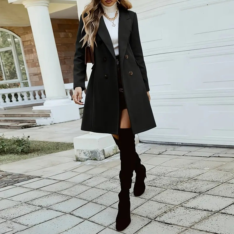 Elegant Double-Breasted Wool-Like Coat – Mid-Length Notch Lapel Overcoat with Pockets