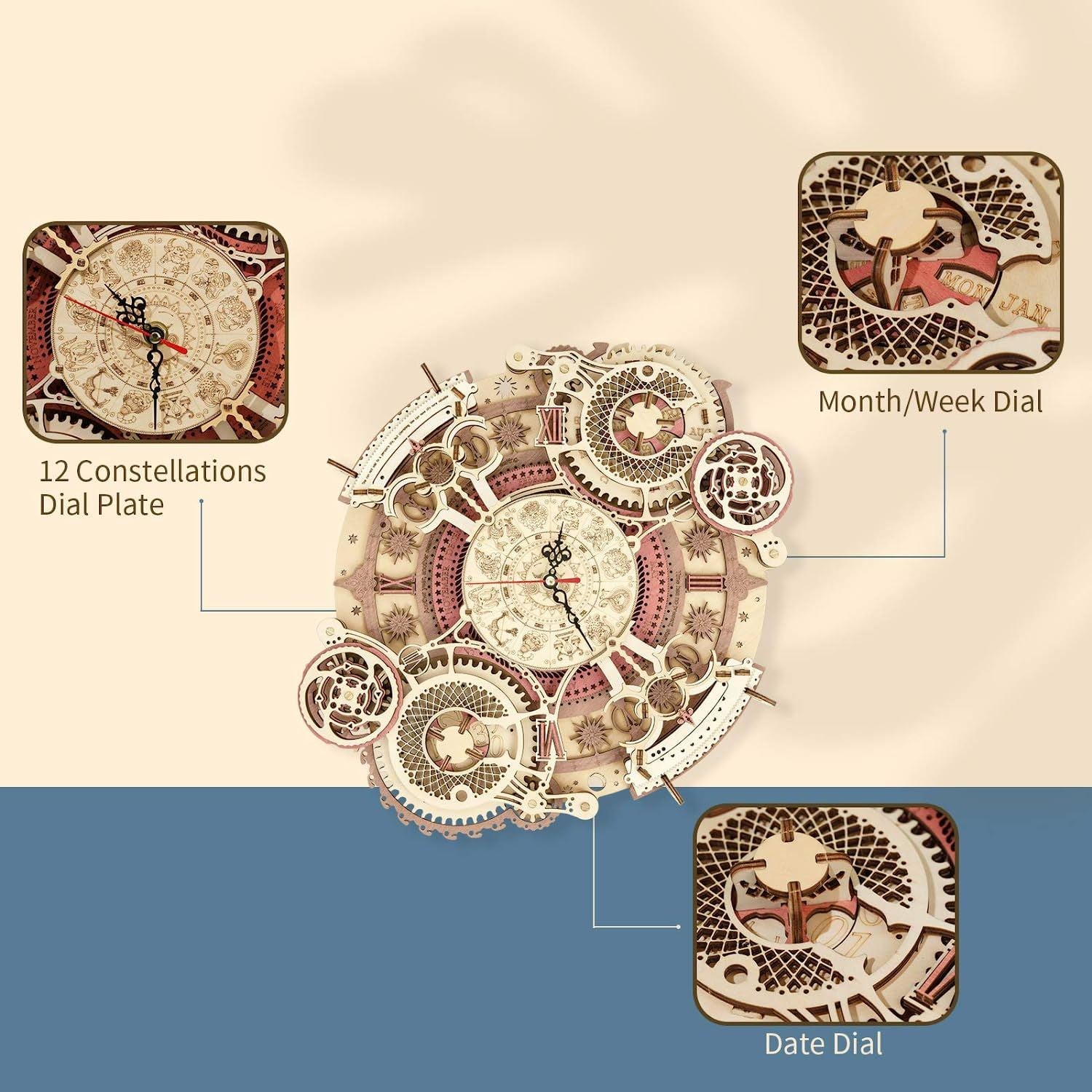 Zodiac Wall Clock 3D Wooden Puzzle Kit – DIY Mechanical Clock Model for Home Décor