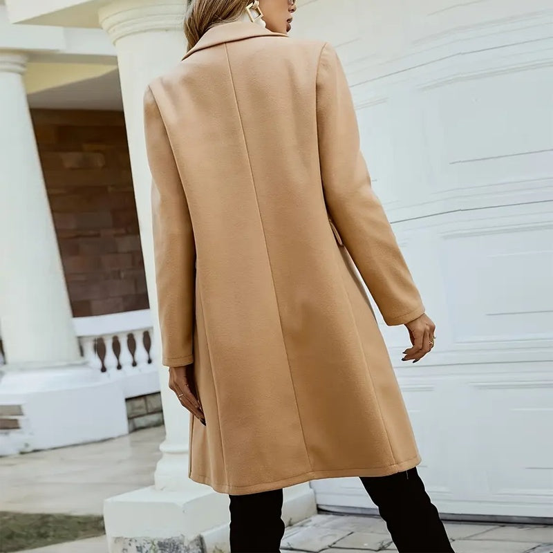 Elegant Double-Breasted Wool-Like Coat – Mid-Length Notch Lapel Overcoat with Pockets