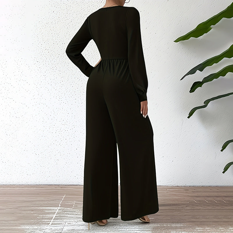 Elegant Cross V-Neck Jumpsuit | Mystic Mood Women’s Wide-Leg Pantsuit Women's Elegant Jumpsuit With Cross V-Neck & Long Sleeve Solid Color Belted For Office And Formal