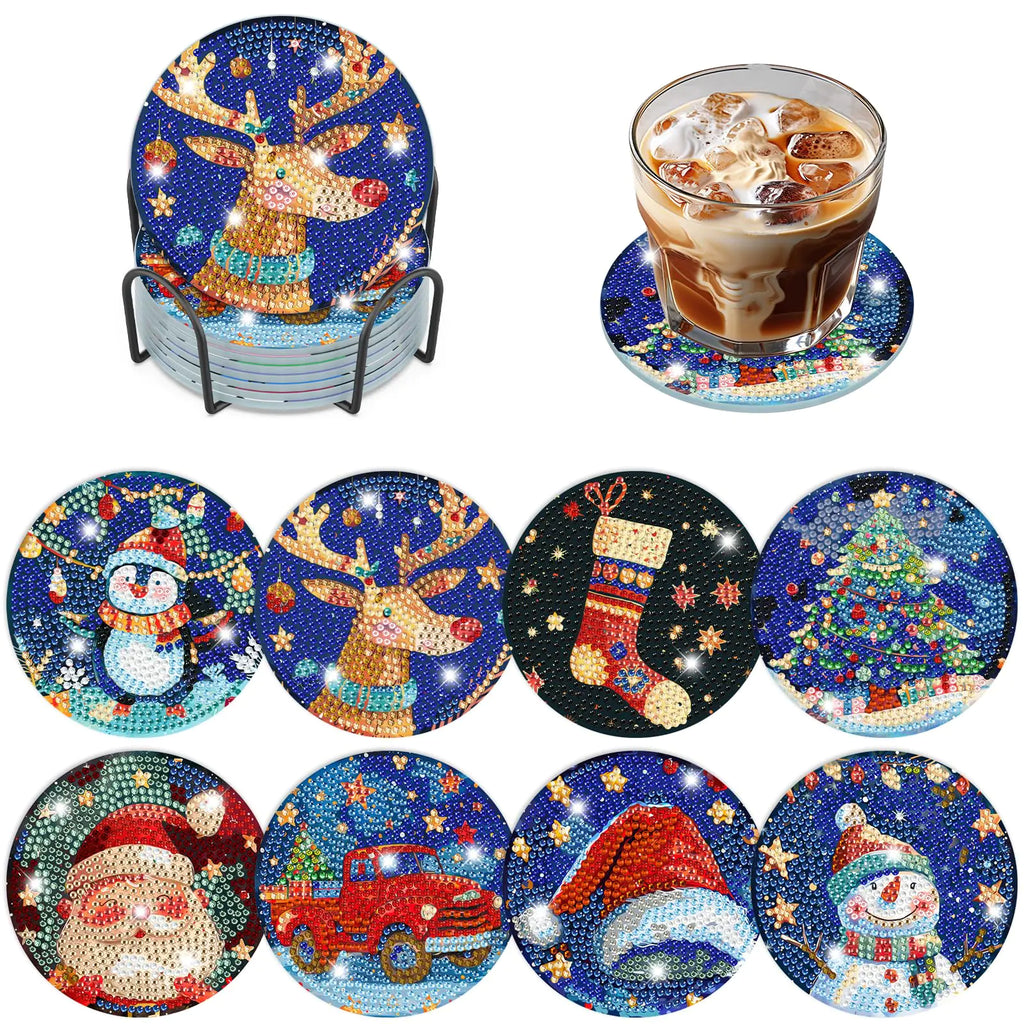 RICUVED 8 Pcs Diamond Painting Coasters Kits with Holder Christmas Diamond Art Coasters for Adults Beginners 5D DIY Winter Diamond Coasters Snow Diamond Art Painting Kits Craft Supplies