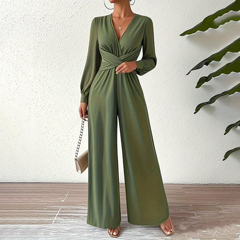 Elegant Cross V-Neck Jumpsuit | Mystic Mood Women’s Wide-Leg Pantsuit Women's Elegant Jumpsuit With Cross V-Neck & Long Sleeve Solid Color Belted For Office And Formal