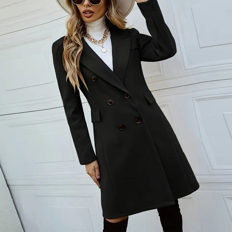 Elegant Double-Breasted Wool-Like Coat – Mid-Length Notch Lapel Overcoat with Pockets