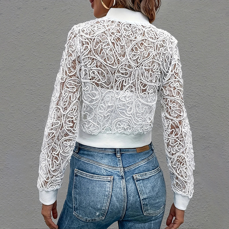 Women's Elegant Lace Short Zip-Up Long Sleeve Jacket For Formal & Everyday Outfits Spring Fall Top