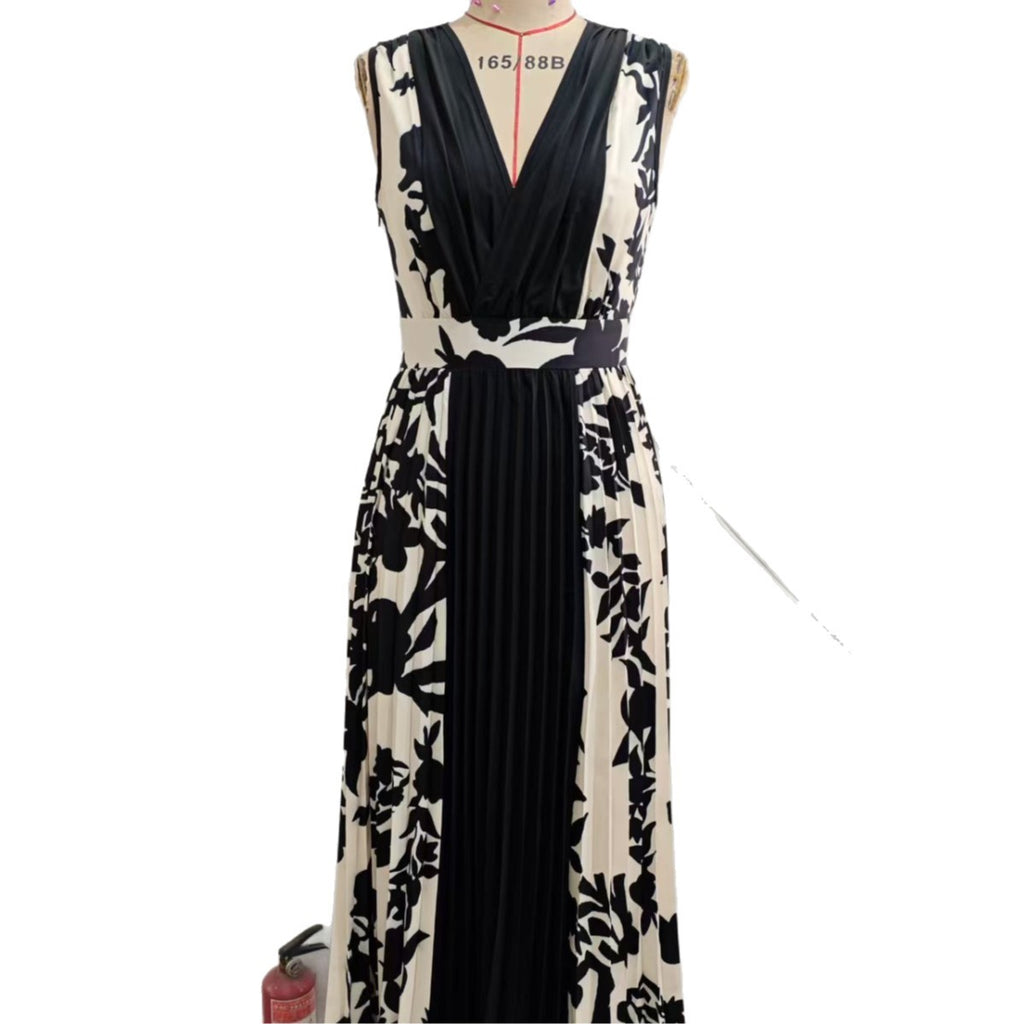 Elegant Black Floral Patchwork A-Line Dress – Lace-Up High Waist Long Skirt