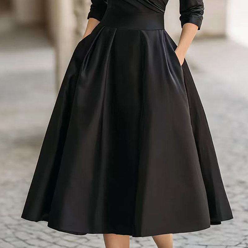 Elegant Cross V-Neck Midi Dress | Mystic Mood Flared Skirt with Pockets Women's  Spring Summer Formal Dress