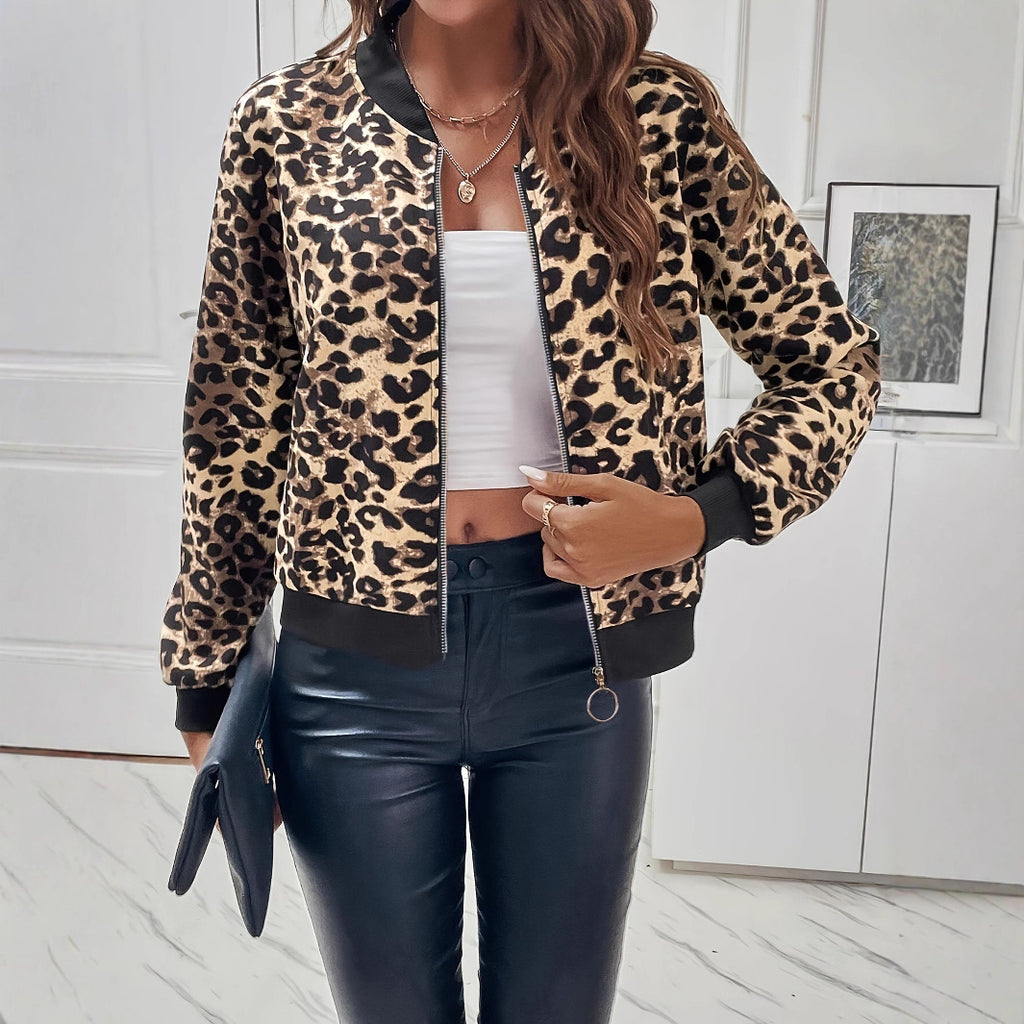 Leopard Print Long Sleeve Jacket – Chic Polyester Lightweight Fall Coat