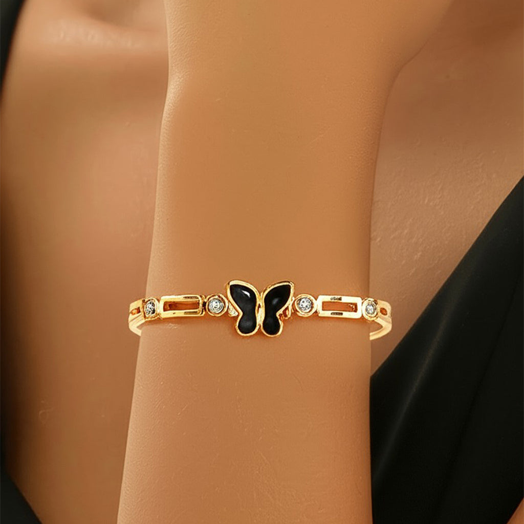 Gold Electroplated Pure Iron Cuff Bracelet Handmade Eco-Friendly Stainless Steel Butterfly Bangle – Rhinestone Accent