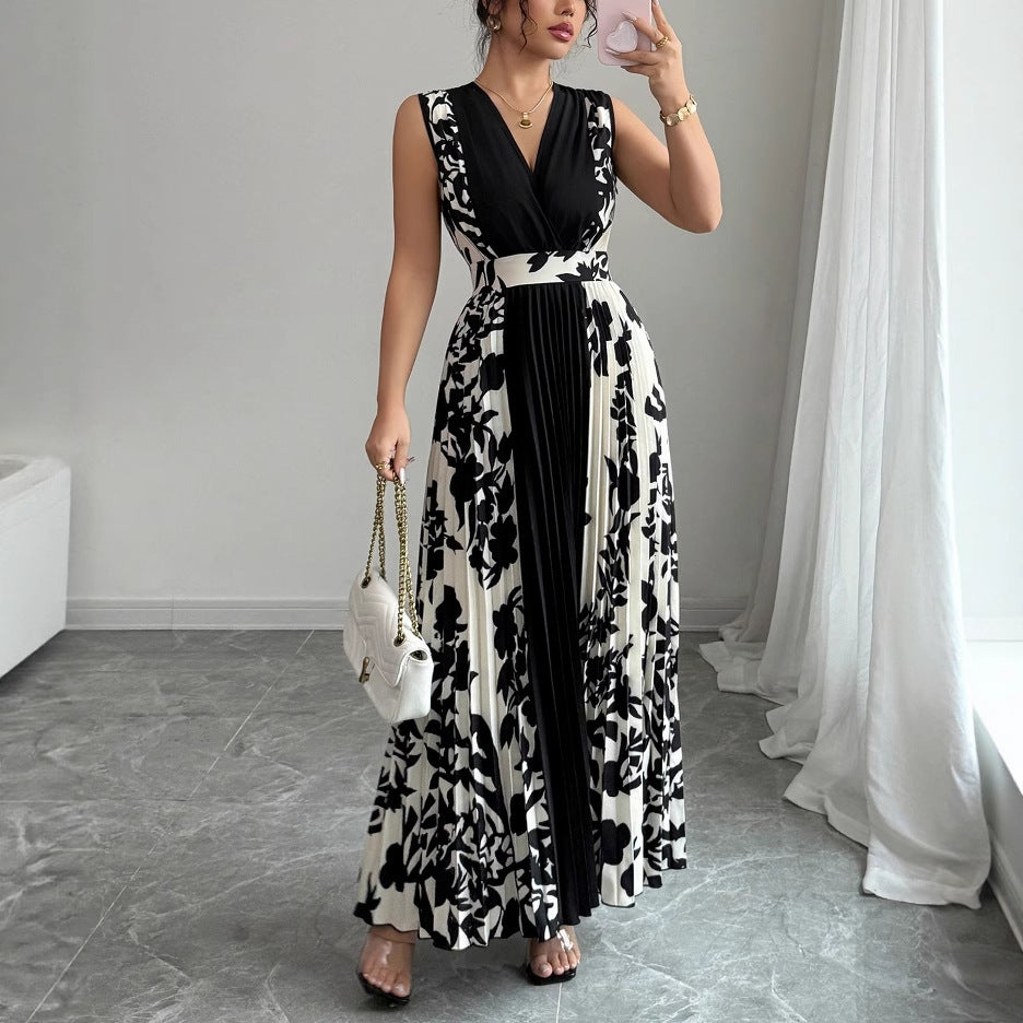 Elegant Black Floral Patchwork A-Line Dress – Lace-Up High Waist Long Skirt