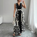 Elegant Black Floral Patchwork A-Line Dress – Lace-Up High Waist Long Skirt