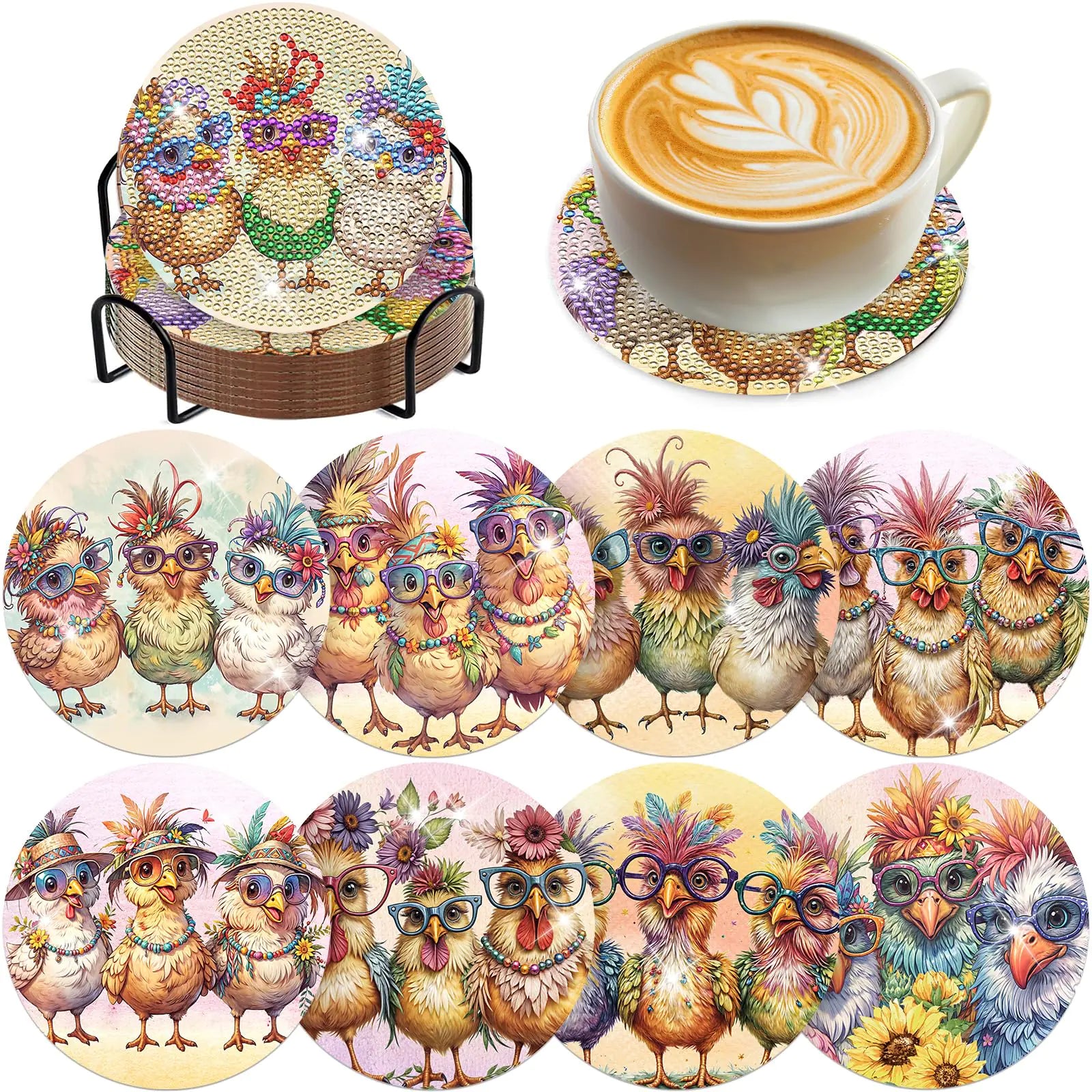Chicken Diamond Art Painting Coasters - 8PCS Rooster Diamond Art Kits DIY Farmhouse Art Craft Non Slip Coasters for Drinks Coffee Farm Table Decor Birthday Holiday for Adult Beginners
