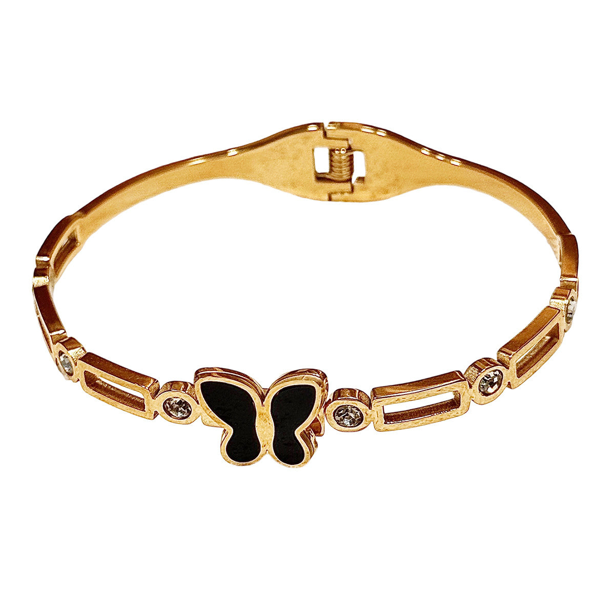 Gold Electroplated Pure Iron Cuff Bracelet Handmade Eco-Friendly Stainless Steel Butterfly Bangle – Rhinestone Accent