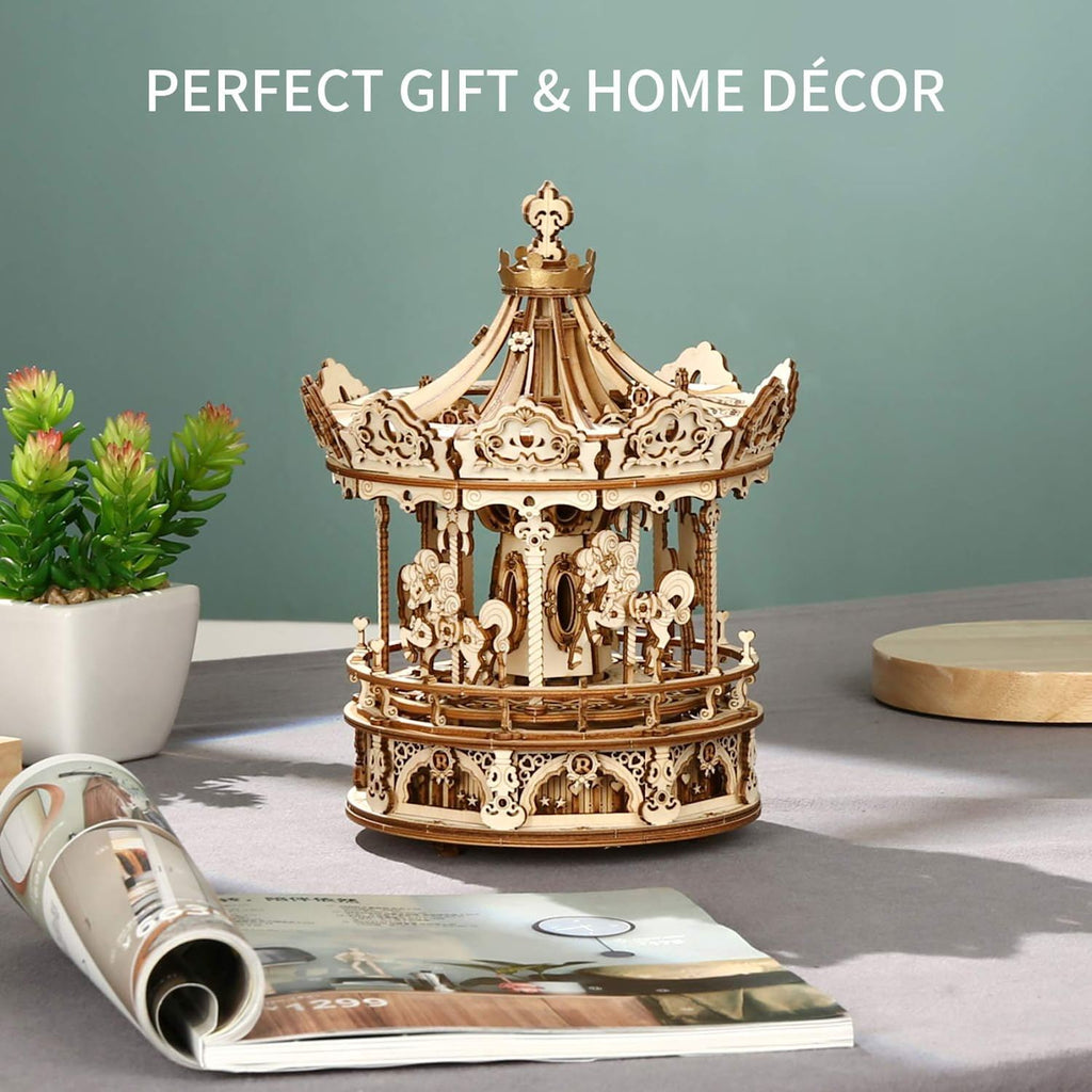 Robotime Rokr 3D Wooden Puzzle – Romantic Carousel | DIY Mechanical Music Box Model Kit