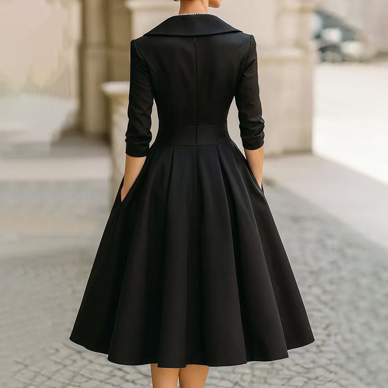 Elegant Cross V-Neck Midi Dress | Mystic Mood Flared Skirt with Pockets Women's  Spring Summer Formal Dress