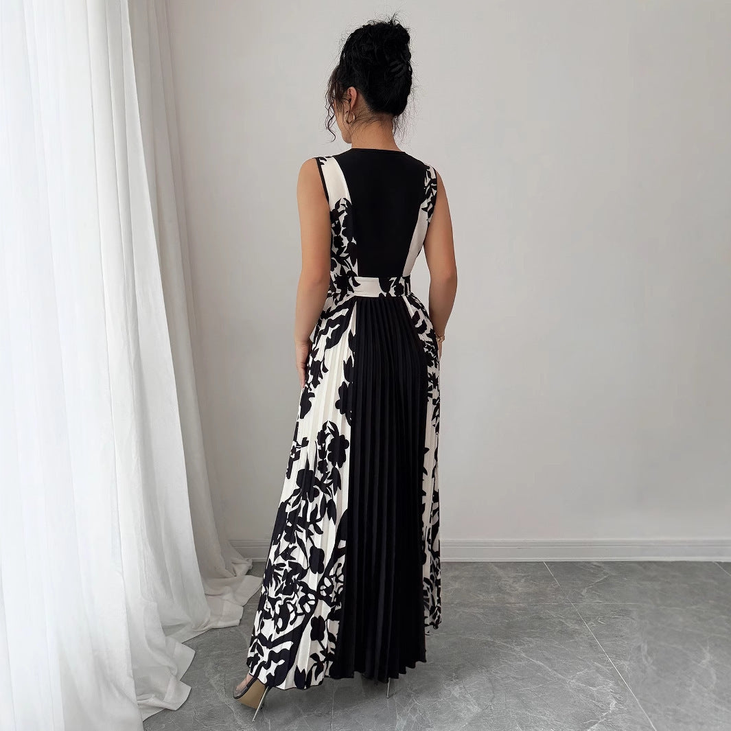 Elegant Black Floral Patchwork A-Line Dress – Lace-Up High Waist Long Skirt