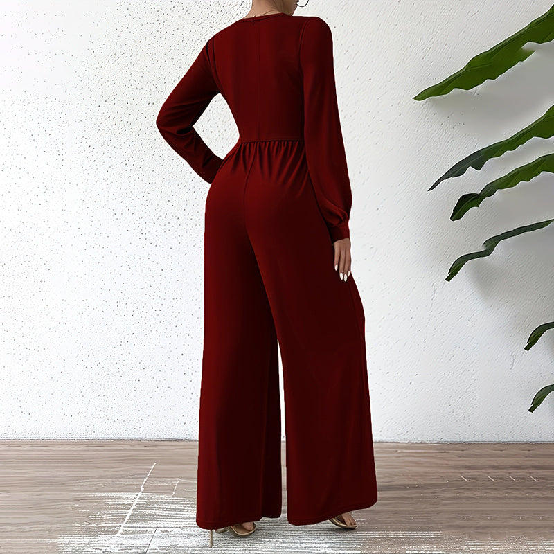 Elegant Cross V-Neck Jumpsuit | Mystic Mood Women’s Wide-Leg Pantsuit Women's Elegant Jumpsuit With Cross V-Neck & Long Sleeve Solid Color Belted For Office And Formal