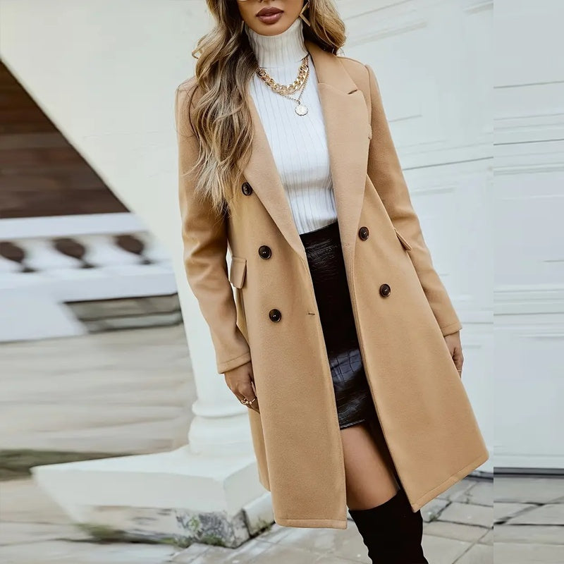 Elegant Double-Breasted Wool-Like Coat – Mid-Length Notch Lapel Overcoat with Pockets
