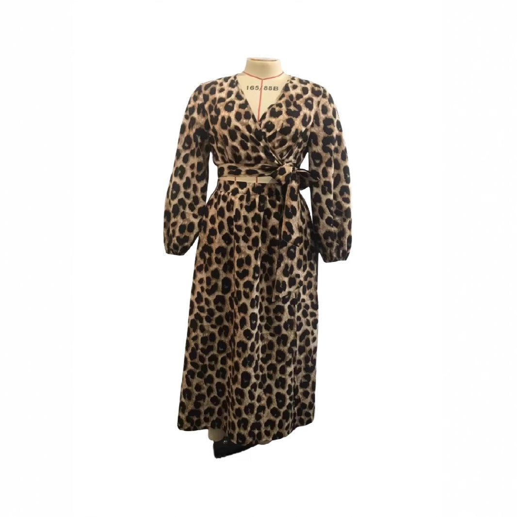 Chic Multi-Color Animal Print Two-Piece Set – Lantern Sleeve Long Dress