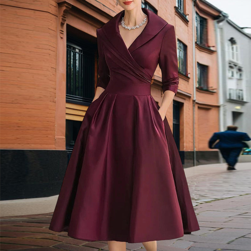 Elegant Cross V-Neck Midi Dress | Mystic Mood Flared Skirt with Pockets Women's  Spring Summer Formal Dress