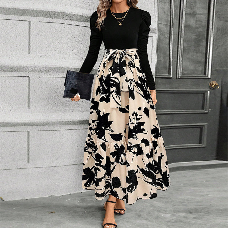 Round Neck Patchwork Maxi Dress | Mystic Mood Long Sleeve Pleated Dresh Waist Bow For Spring & Fall