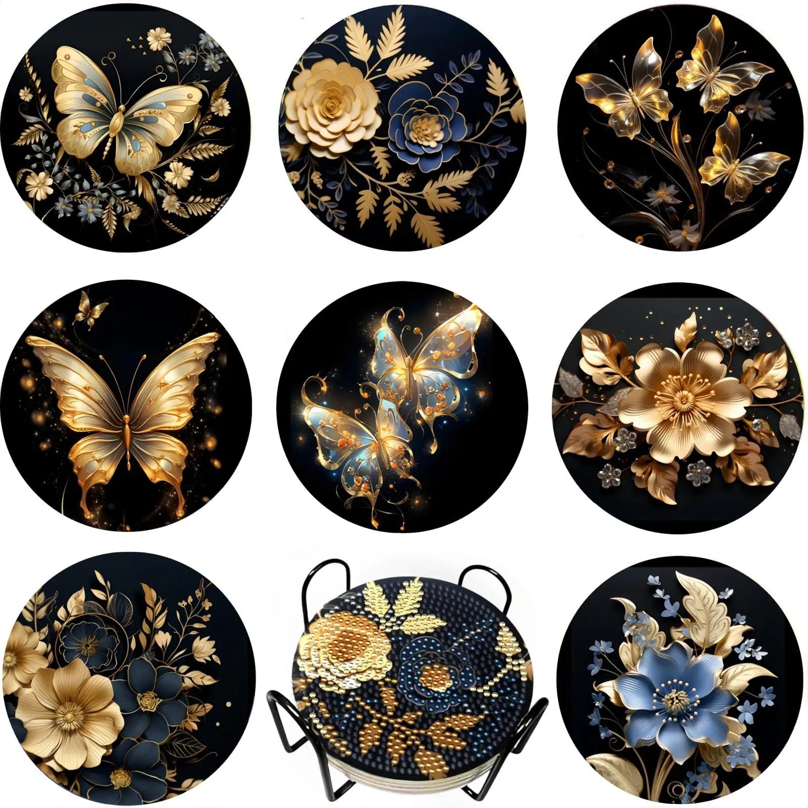 8 Pcs 5D Diamond Painting Coasters Kits with HolderFlower Diamond Art Coasters Set for Drinks Coffee Table Diamond Painting kit for Beginners Adults DIY Art Craft Gifts Home Decors(Butterfly)