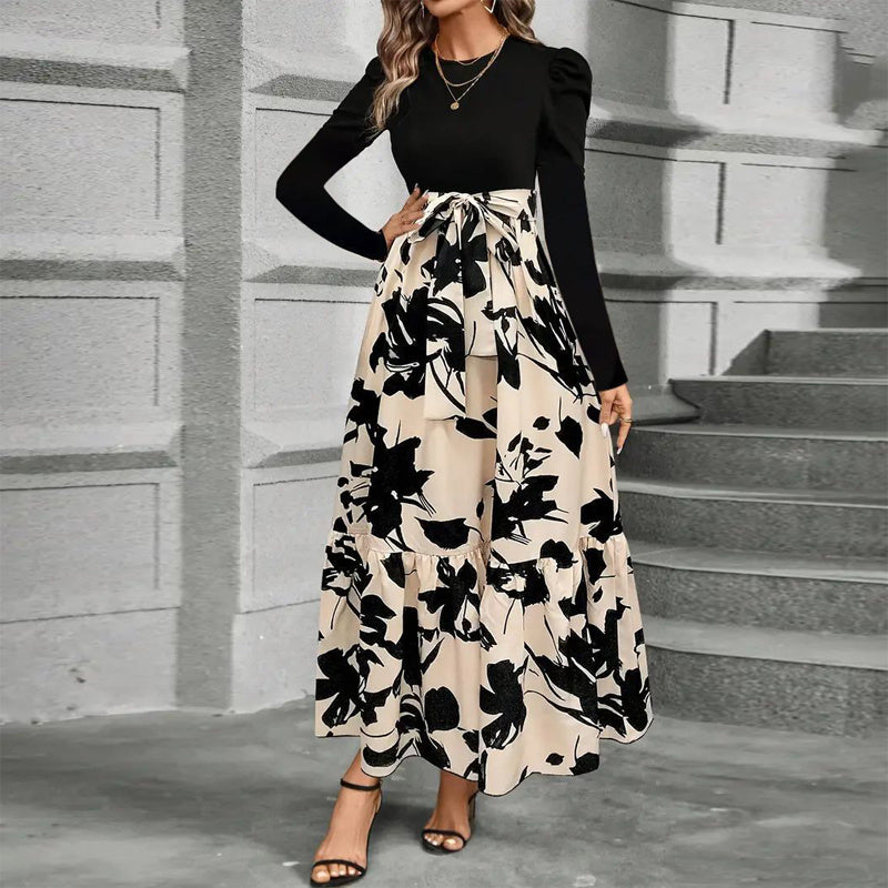 Round Neck Patchwork Maxi Dress | Mystic Mood Long Sleeve Pleated Dresh Waist Bow For Spring & Fall