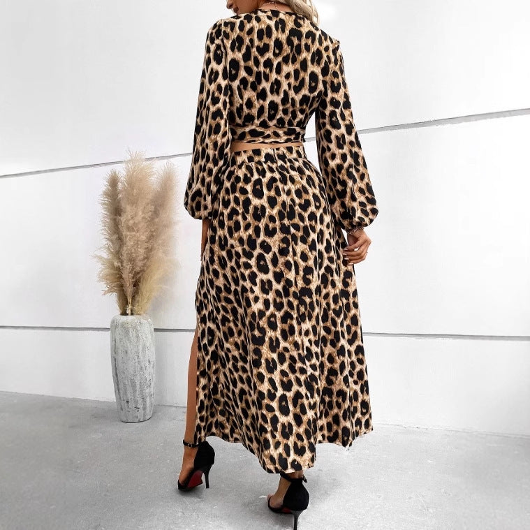 Chic Multi-Color Animal Print Two-Piece Set – Lantern Sleeve Long Dress