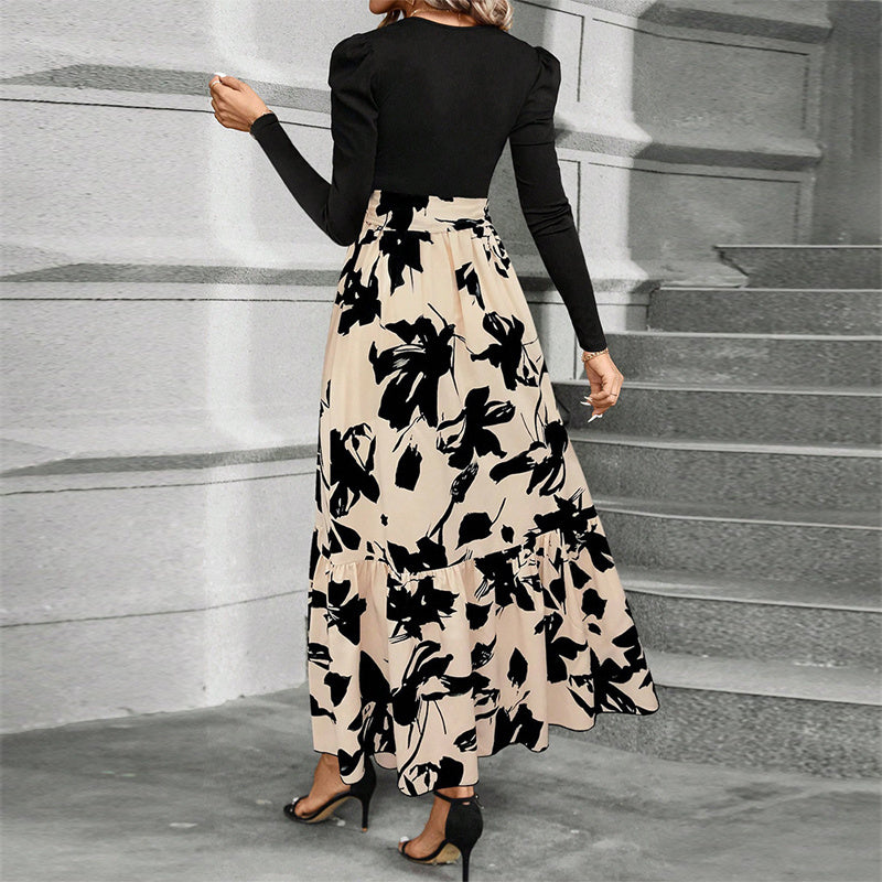 Round Neck Patchwork Maxi Dress | Mystic Mood Long Sleeve Pleated Dresh Waist Bow For Spring & Fall