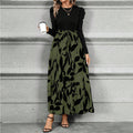 Round Neck Patchwork Maxi Dress | Mystic Mood Long Sleeve Pleated Dresh Waist Bow For Spring & Fall