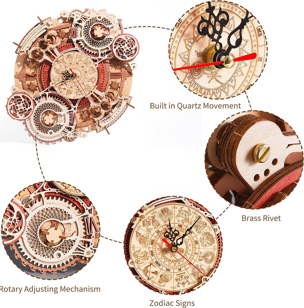 Zodiac Wall Clock 3D Wooden Puzzle Kit – DIY Mechanical Clock Model for Home Décor