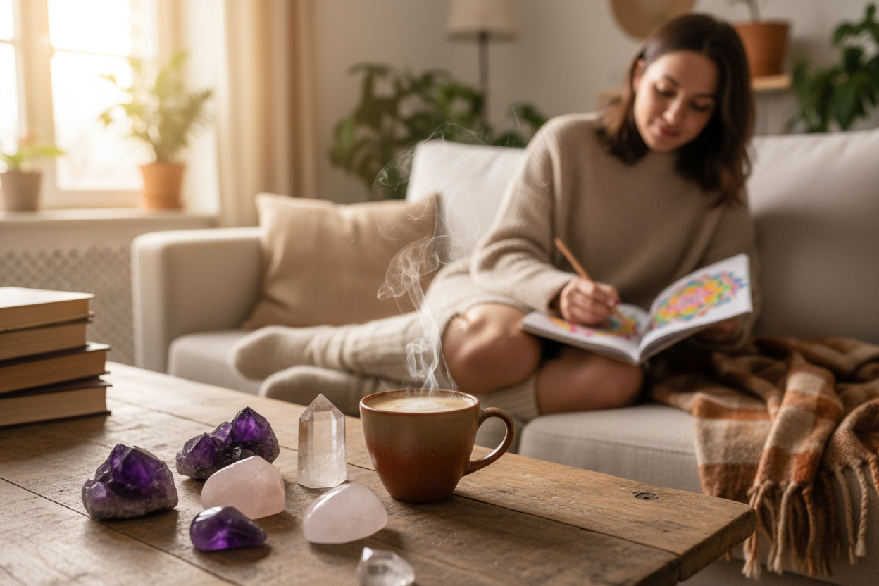 Crystals with a cup of coffee and a woman on the sofa coloring