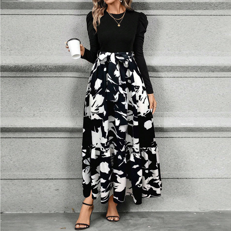 Round Neck Patchwork Maxi Dress | Mystic Mood Long Sleeve Pleated Dresh Waist Bow For Spring & Fall