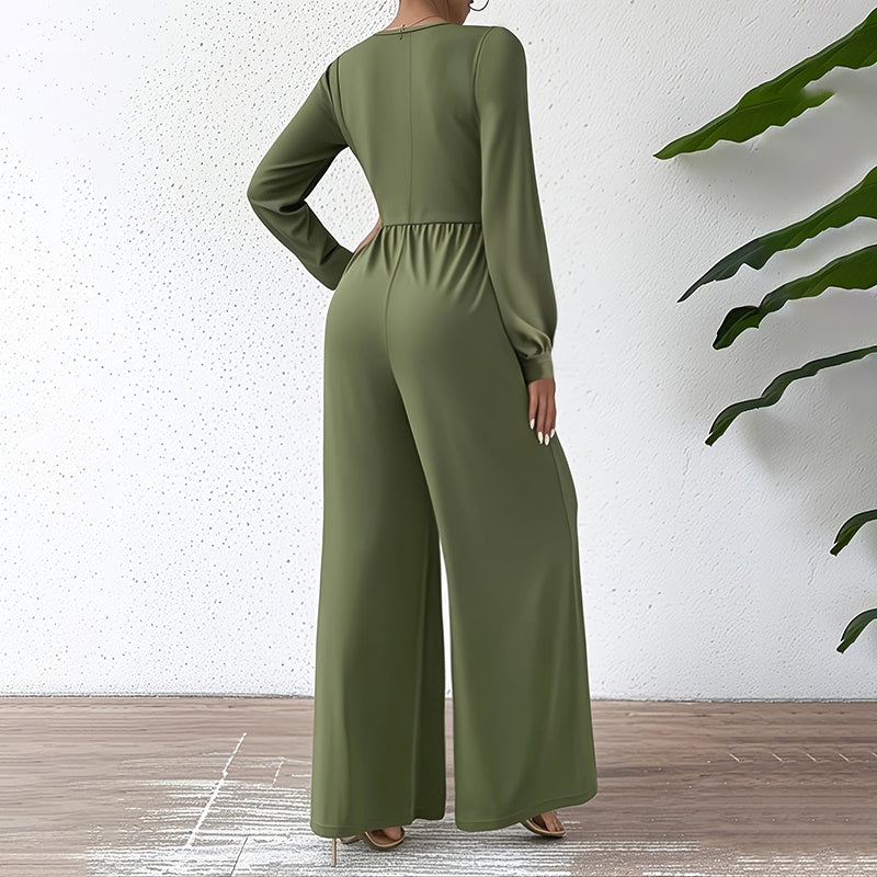 Elegant Cross V-Neck Jumpsuit | Mystic Mood Women’s Wide-Leg Pantsuit Women's Elegant Jumpsuit With Cross V-Neck & Long Sleeve Solid Color Belted For Office And Formal