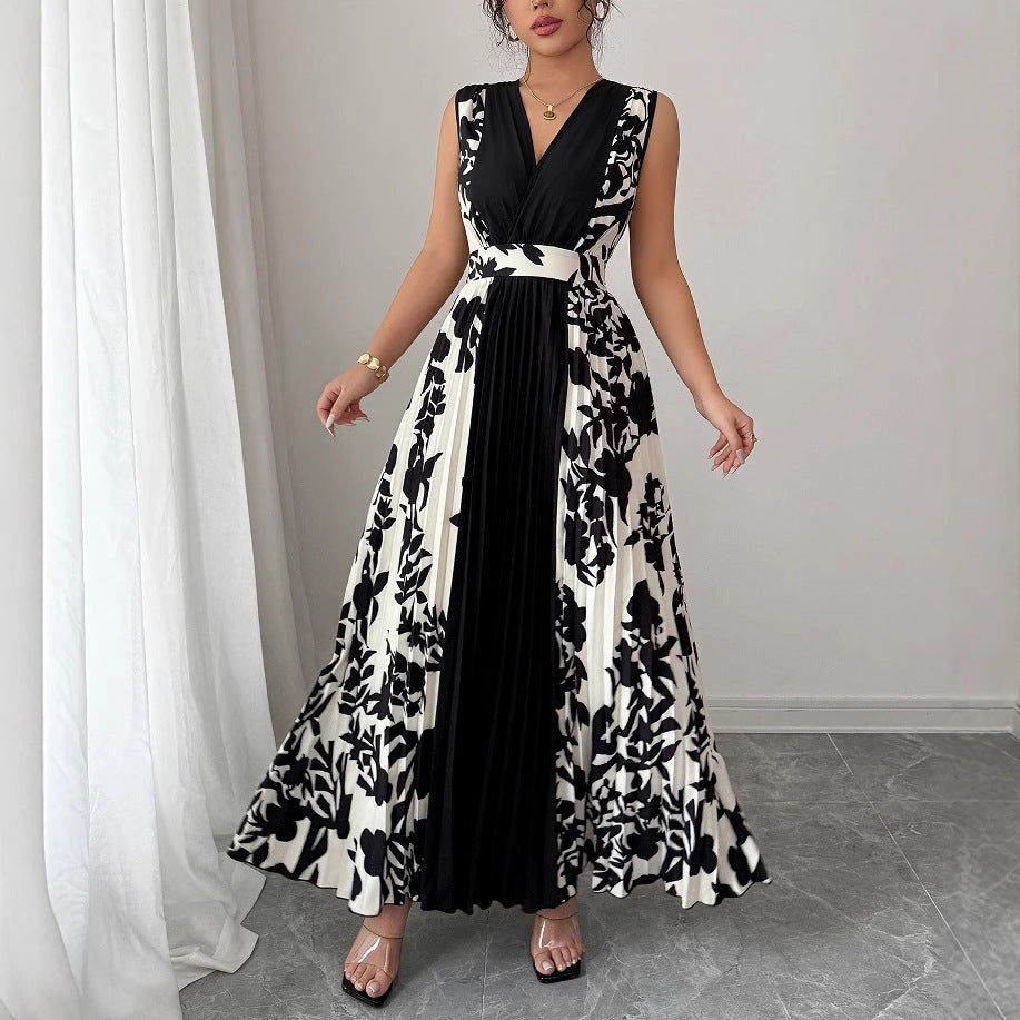 Elegant Black Floral Patchwork A-Line Dress – Lace-Up High Waist Long Skirt