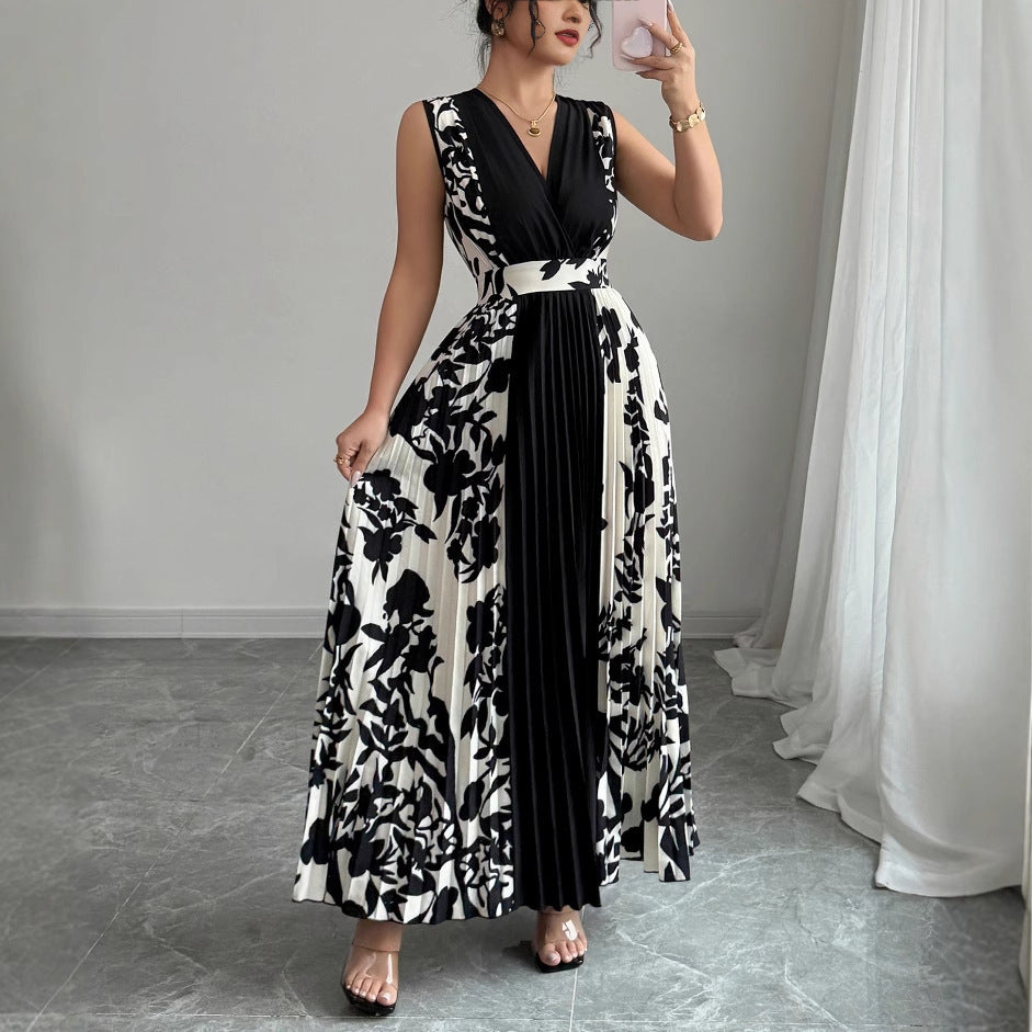 Elegant Black Floral Patchwork A-Line Dress – Lace-Up High Waist Long Skirt