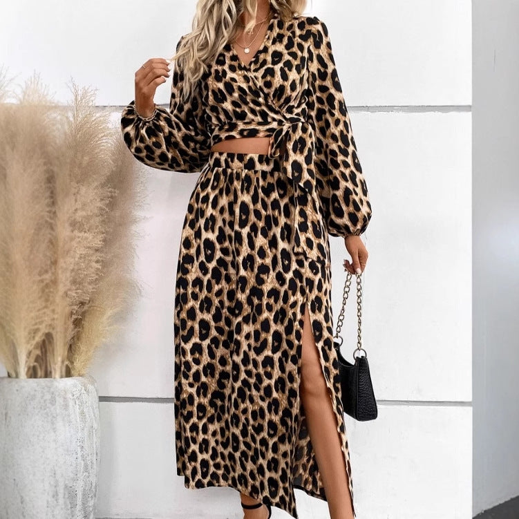 Chic Multi-Color Animal Print Two-Piece Set – Lantern Sleeve Long Dress