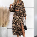Chic Multi-Color Animal Print Two-Piece Set – Lantern Sleeve Long Dress