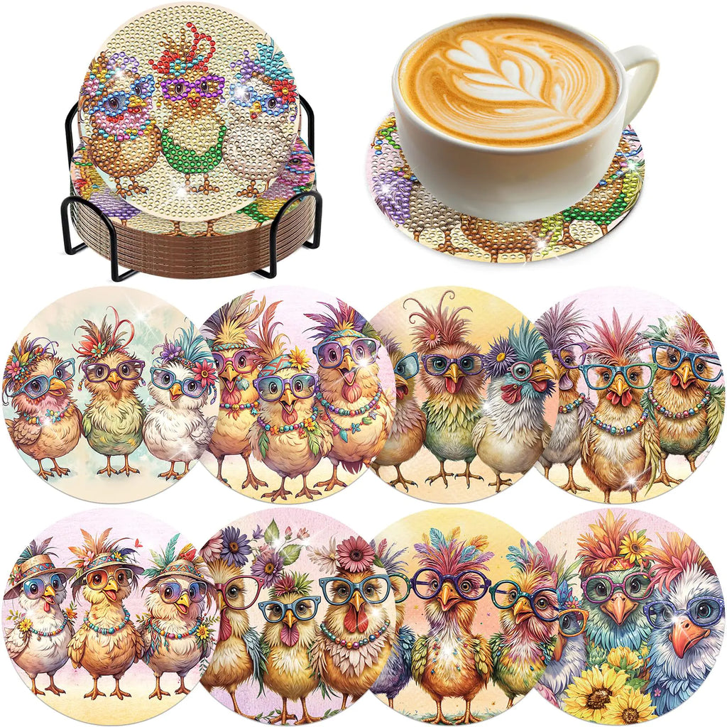 Chicken Diamond Art Painting Coasters - 8PCS Rooster Diamond Art Kits DIY Farmhouse Art Craft Non Slip Coasters for Drinks Coffee Farm Table Decor Birthday Holiday for Adult Beginners