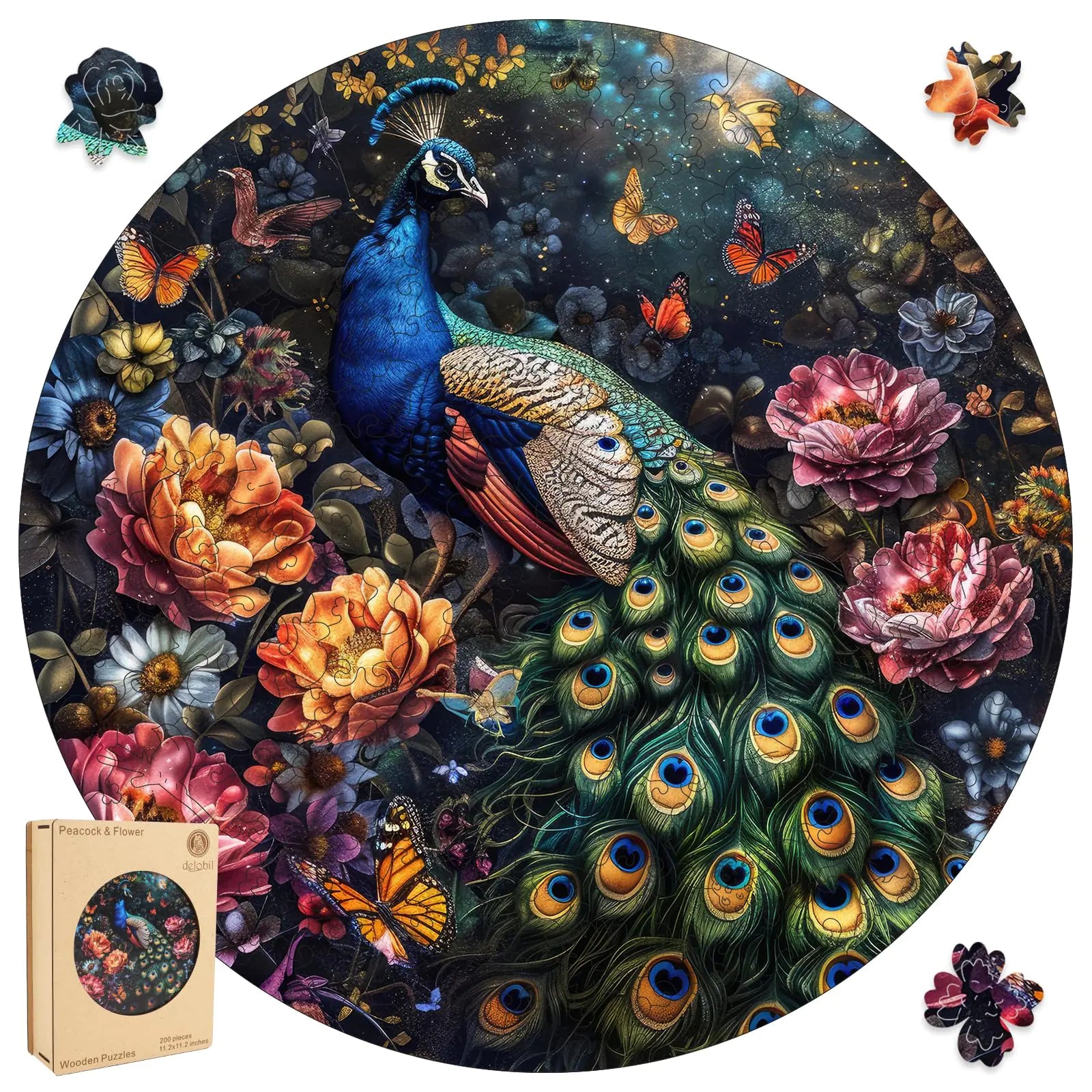 delobil Wooden Puzzles for Adults 500 Pieces Peacock & Flower Wooden Puzzles Unique Shaped Bird Jigsaw Puzzles Birthday Creative Gifts Fun Challenging Family Puzzle Games 16.7x16.7 Inch Royal